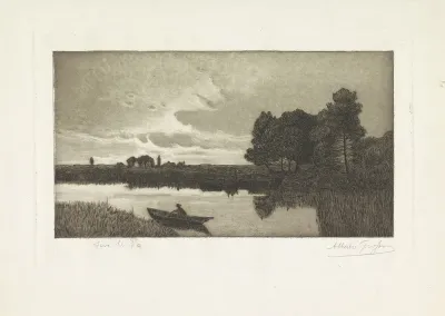 Landschap met visser in een bootje op rivier
