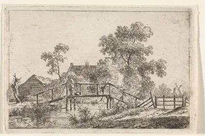 Landschap met visser op brug