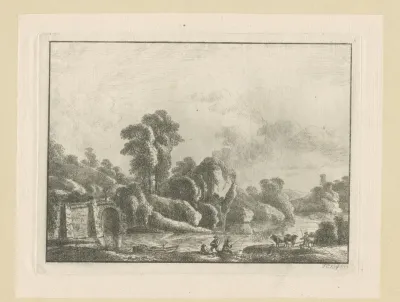 Landschap met vissers aan de oever van een rivier en een reiziger op een brug