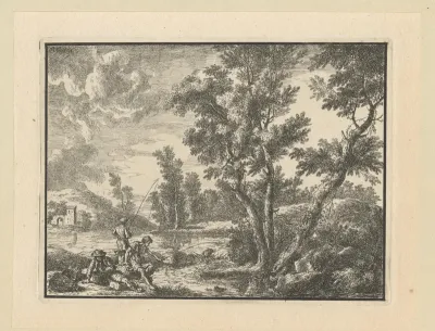 Landschap met vissers aan de oever van een rivier
