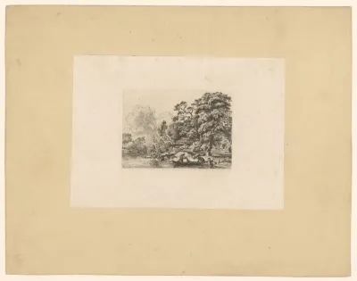 Landschap met vissers bij de oever van een rivier