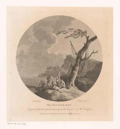 Landschap met vissers bij een boom met visnetten