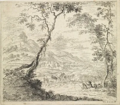 Landschap met vissers bij een rivier