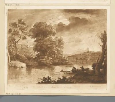 Landschap met vissers die een net binnenhalen bij zonsondergang