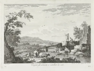Landschap met vissers en herder met kudde bij rivier
