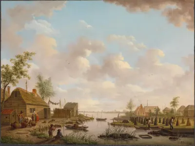 Landschap met vissers en turfstekende boeren in het laagveen