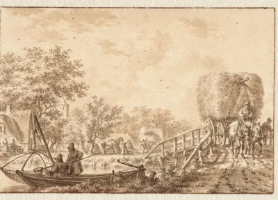 Landschap met vissers in een bootje en hooiwagen op een bruggetje