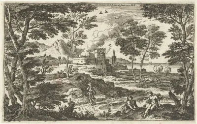 Landschap met voetganger en kasteel