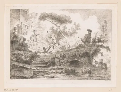 Landschap met voorstelling van een berentemmer omringd door toeschouwers