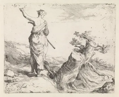 Landschap met vrouw bij een boomstronk