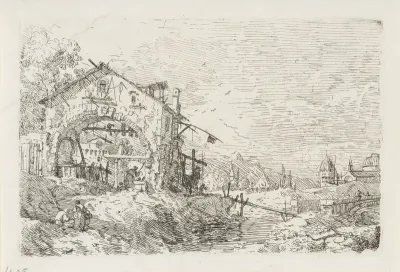 Landschap met vrouw bij put