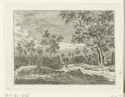 Landschap met vrouw die een bundel takken op haar hoofd draagt