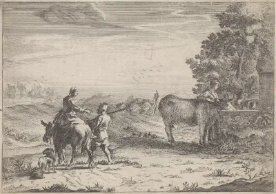 Landschap met vrouw die een koe drenkt