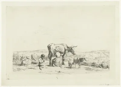 Landschap met vrouw die koe melkt en jongen met schapen