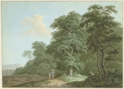 Landschap met vrouw en jongetje op een landweg