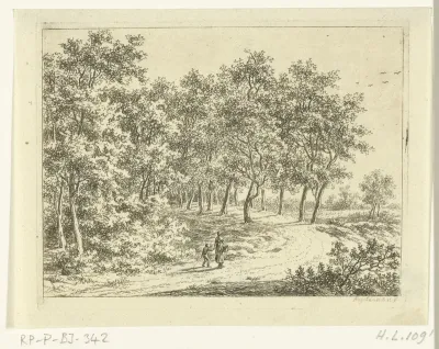 Landschap met vrouw en jongetje op een weg