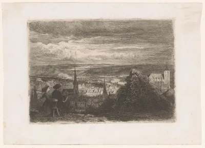 Landschap met vrouw en kunstenaar die de lager gelegen stad tekent
