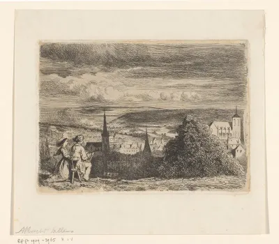 Landschap met vrouw en kunstenaar die de lager gelegen stad tekent
