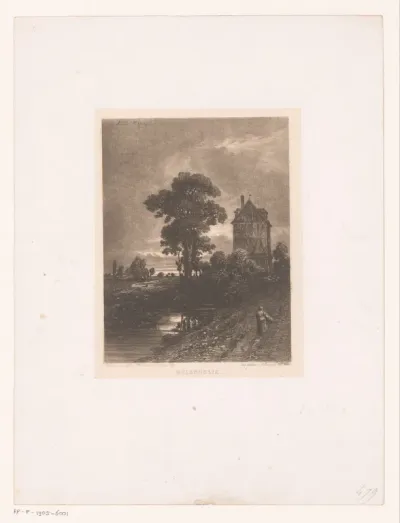 Landschap met vrouw lopend naar een huis