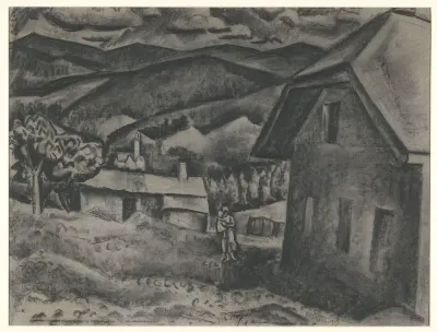 Landschap met vrouw met kind voor een huis