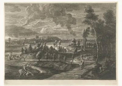 Landschap met vrouw met kruik op hoofd