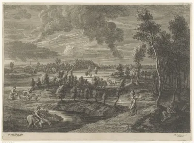 Landschap met vrouw met kruik op hoofd