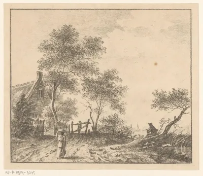 Landschap met vrouw met mand op het hoofd