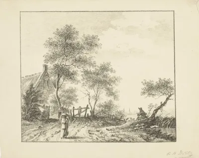 Landschap met vrouw met mand op het hoofd