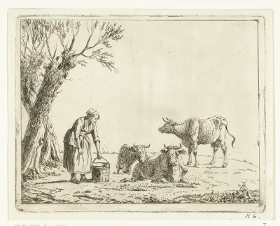 Landschap met vrouw met melkemmer bij drie koeien