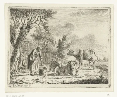 Landschap met vrouw met melkemmer en drie koeien bij boerderij