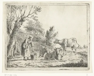Landschap met vrouw met melkemmer en drie koeien bij boerderij
