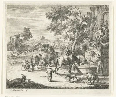 Landschap met vrouw op paard dat drinkt bij fontein