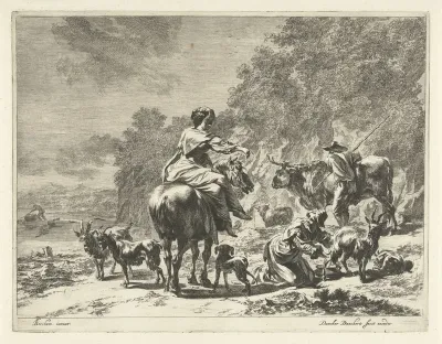 Landschap met vrouw te paard en een herderin die een geit melkt