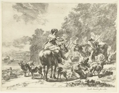Landschap met vrouw te paard en herderin die een geit melkt