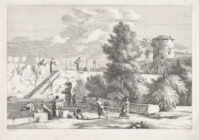 Landschap met vrouwen die de was doen