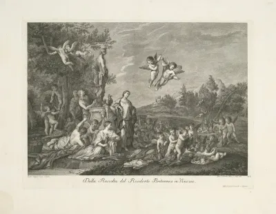 Landschap met vrouwen en putti bij standbeeld