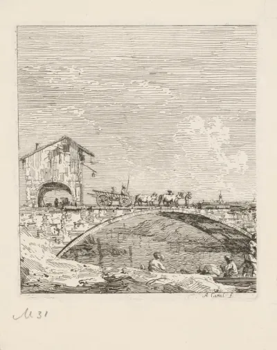 Landschap met wagen op brug