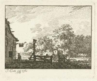 Landschap met wagen voor herberg