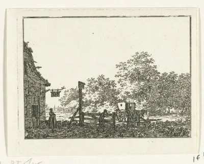 Landschap met wagen voor herberg