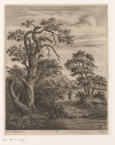 Landschap met wandelaar bij water