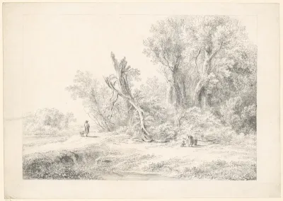 Landschap met wandelaar en een vrouw met kind