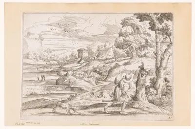 Landschap met wandelaar en hond