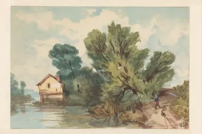 Landschap met wandelaar en huis aan het water