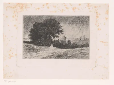 Landschap met wandelaar in de regen