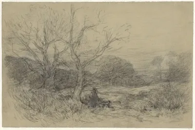 Landschap met wandelaar met hond