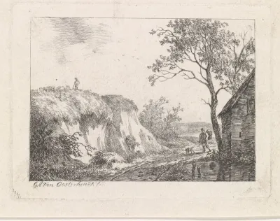 Landschap met wandelaar met hond