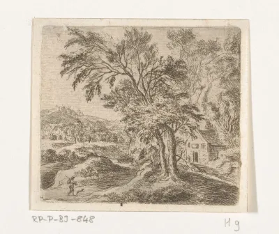 Landschap met wandelaar op weg naar een huis