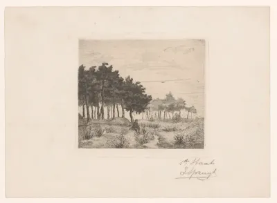 Landschap met wandelaar rustend bij een boom
