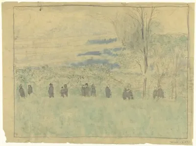 Landschap met wandelaars: begrafenisoptocht (?)