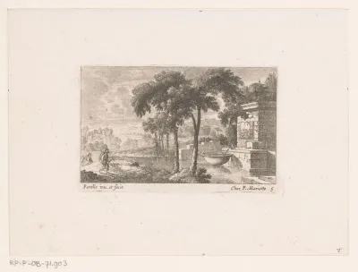 Landschap met wandelaars bij bron